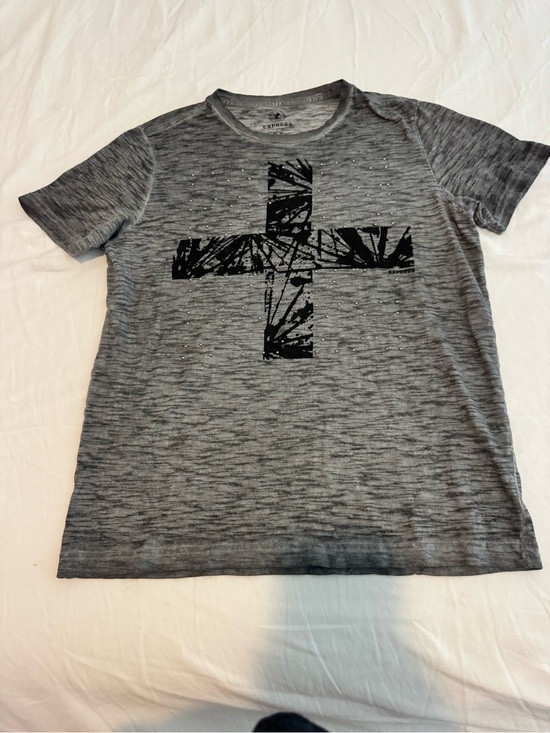 Express Tops - Express Men's Gray Short-Sleeve Tee with Black Cross Graphic